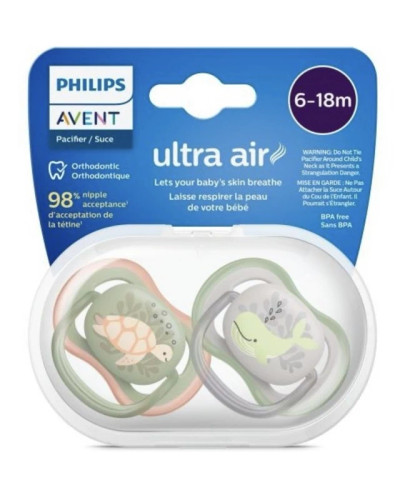پستانک اونت اولترا ایر 2عددی 6 تا 18ماه avent ultra air طرح لاک پشت و وال