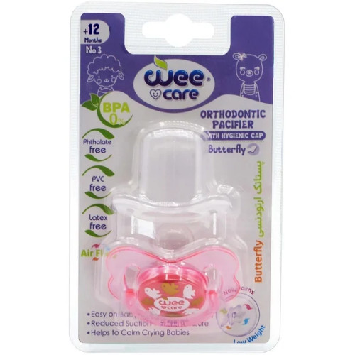 پستانک ارتودنسی وی کر مدل شفاف چاپدار دربدار پروانه سایز12ماه -Wee Care-P129